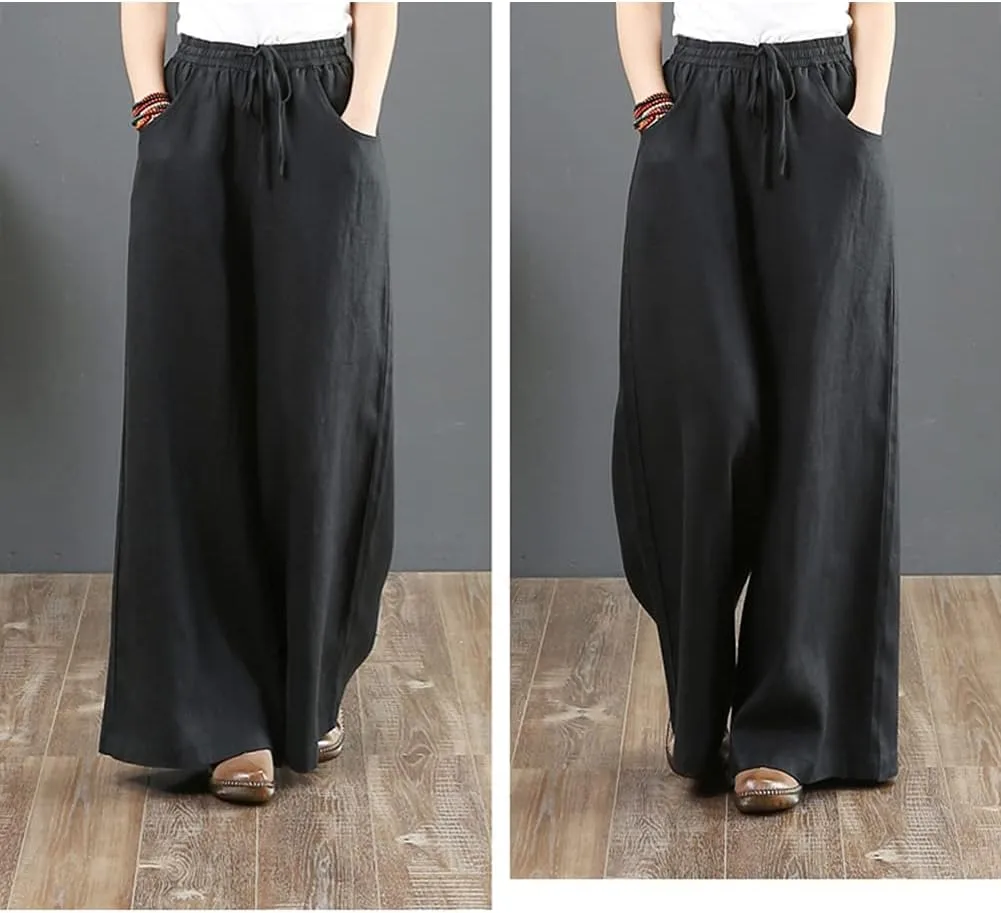 Wide Leg Trousers for Women Loose Fit Cotton Linen Elastic High Waist Pants with Pockets