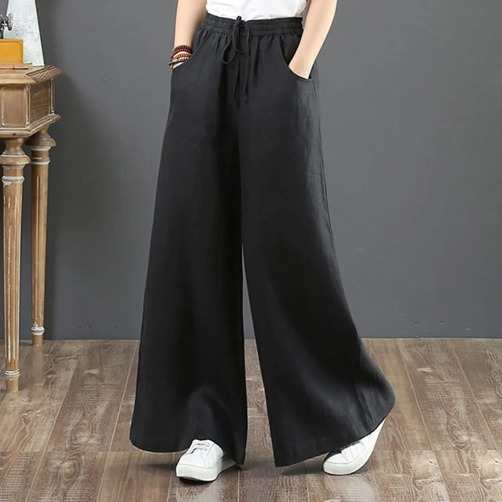 Wide Leg Trousers for Women Loose Fit Cotton Linen Elastic High Waist Pants with Pockets