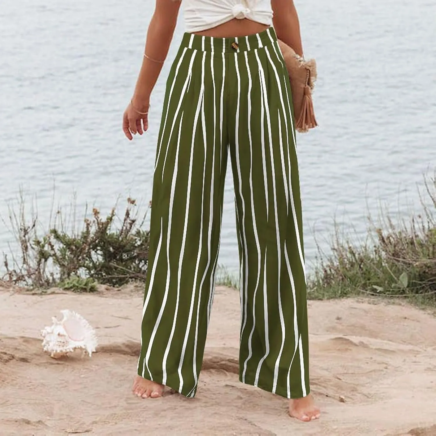Wide Leg Trousers Pants for Women High Elastic Waisted in The Back Business Work Button Long Casual Pants Palazzo Plus