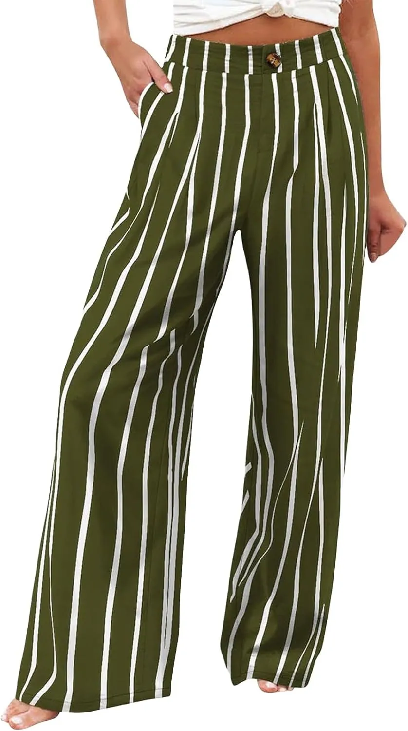 Wide Leg Trousers Pants for Women High Elastic Waisted in The Back Business Work Button Long Casual Pants Palazzo Plus