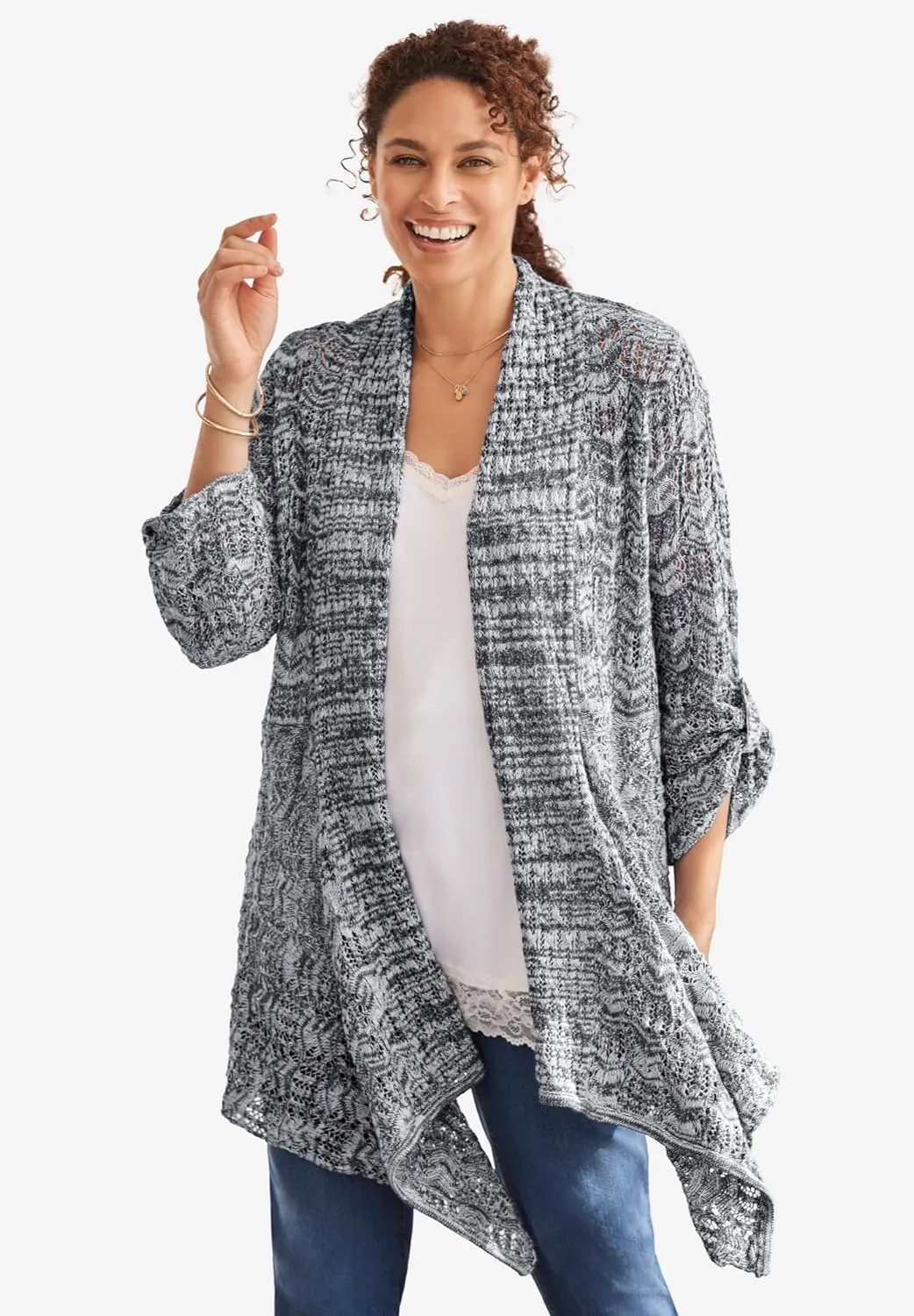 Woman Within Plus Size Open Front Pointelle Cardigan