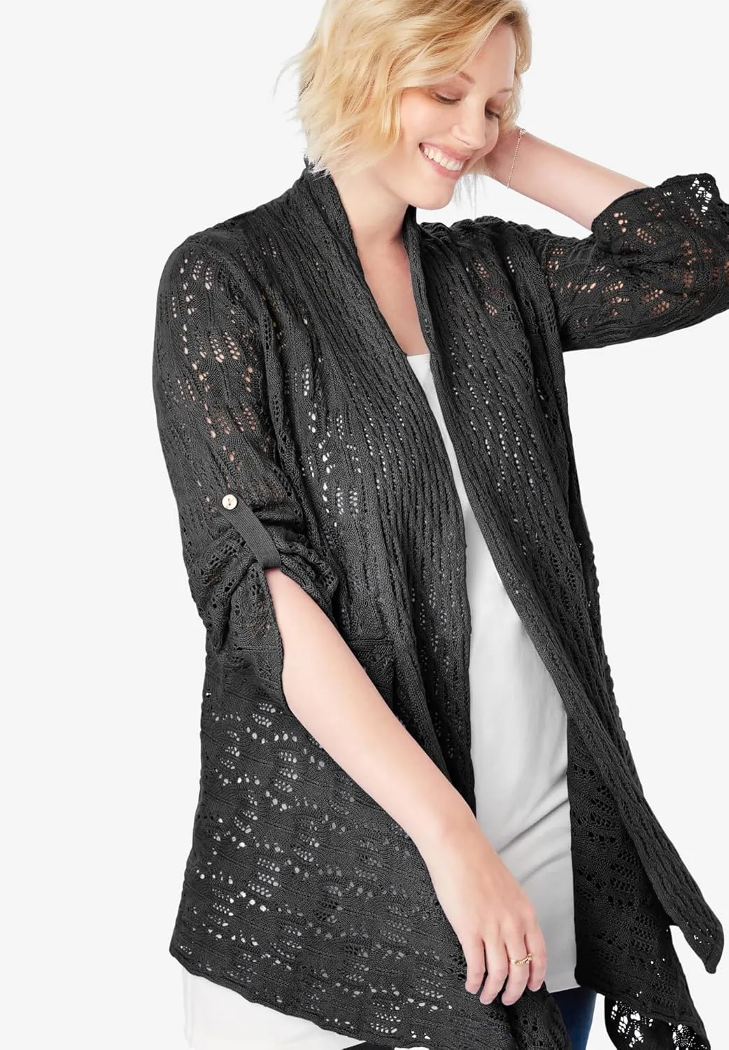 Woman Within Plus Size Open Front Pointelle Cardigan
