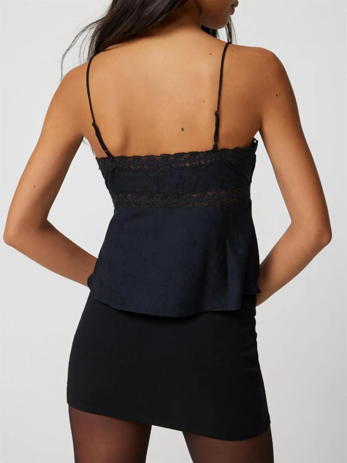 Women Babydoll Tank Tops Y2k Lace Trim V Neck Sleeveless Spaghetti Straps Camisole Flared Hem Flowy Peplum Cami Tops