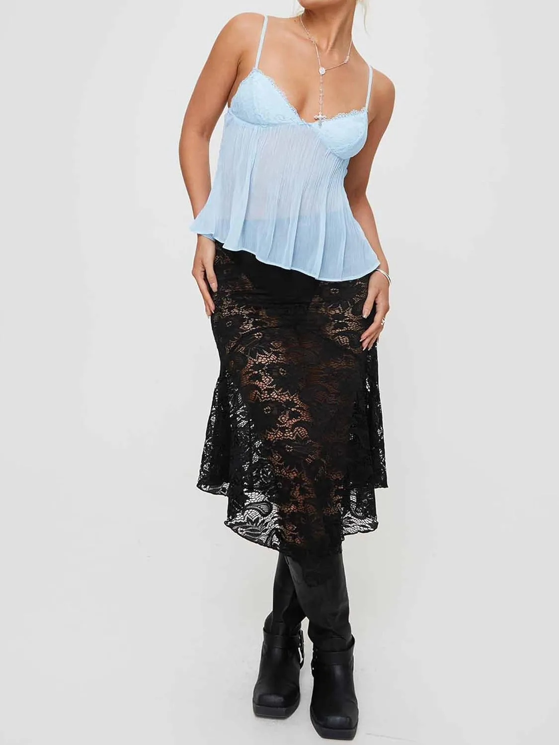 Women Babydoll Tank Tops Y2k Lace Trim V Neck Sleeveless Spaghetti Straps Camisole Flared Hem Flowy Peplum Cami Tops