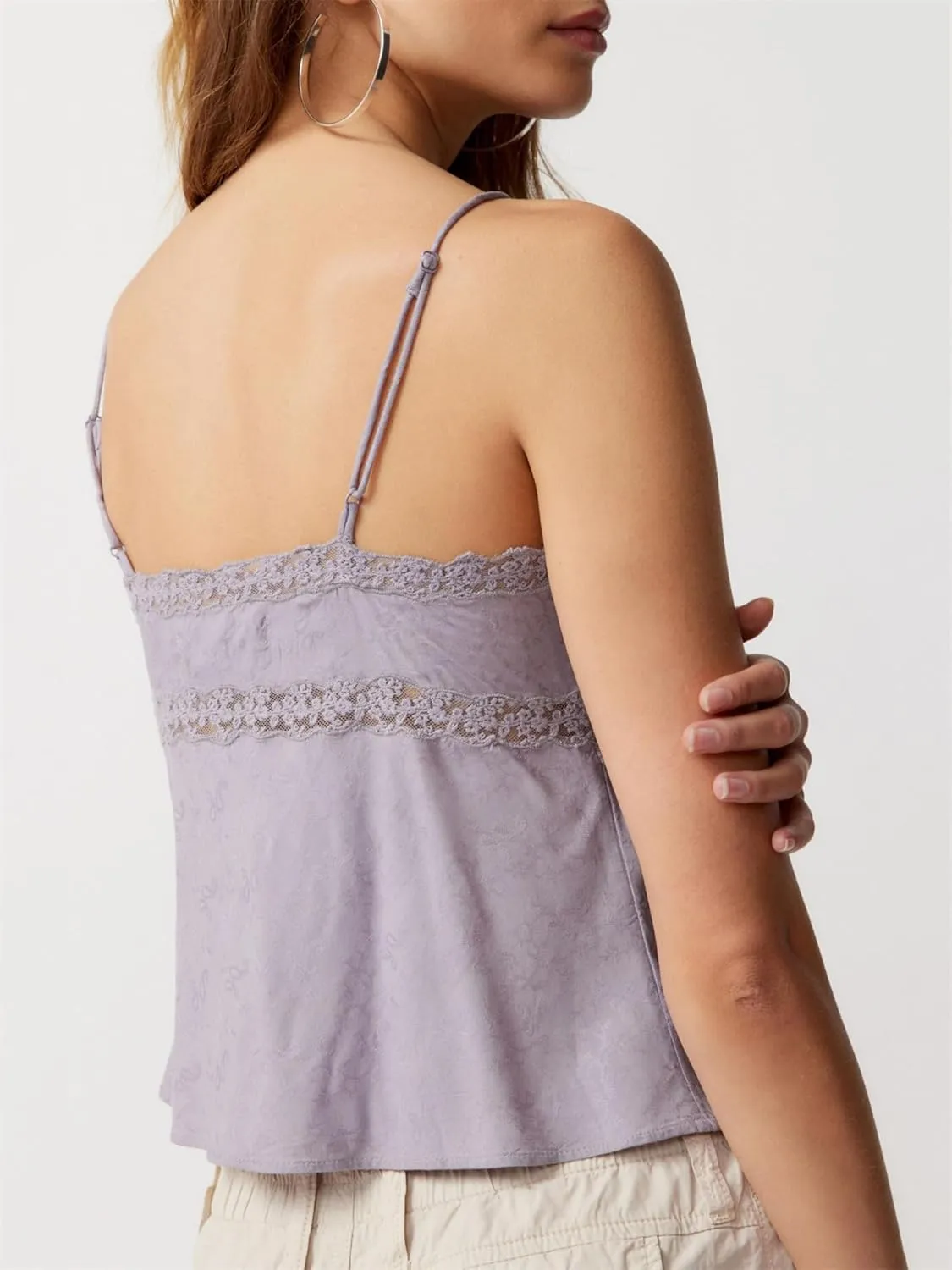 Women Babydoll Tank Tops Y2k Lace Trim V Neck Sleeveless Spaghetti Straps Camisole Flared Hem Flowy Peplum Cami Tops