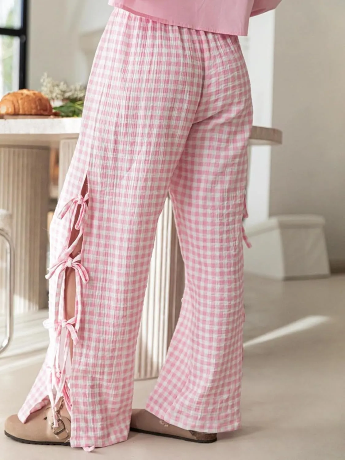 Women Bow Tie Side Split Wide Leg Y2k Plaid Pants High Waist Print Lounge Pants Trousers