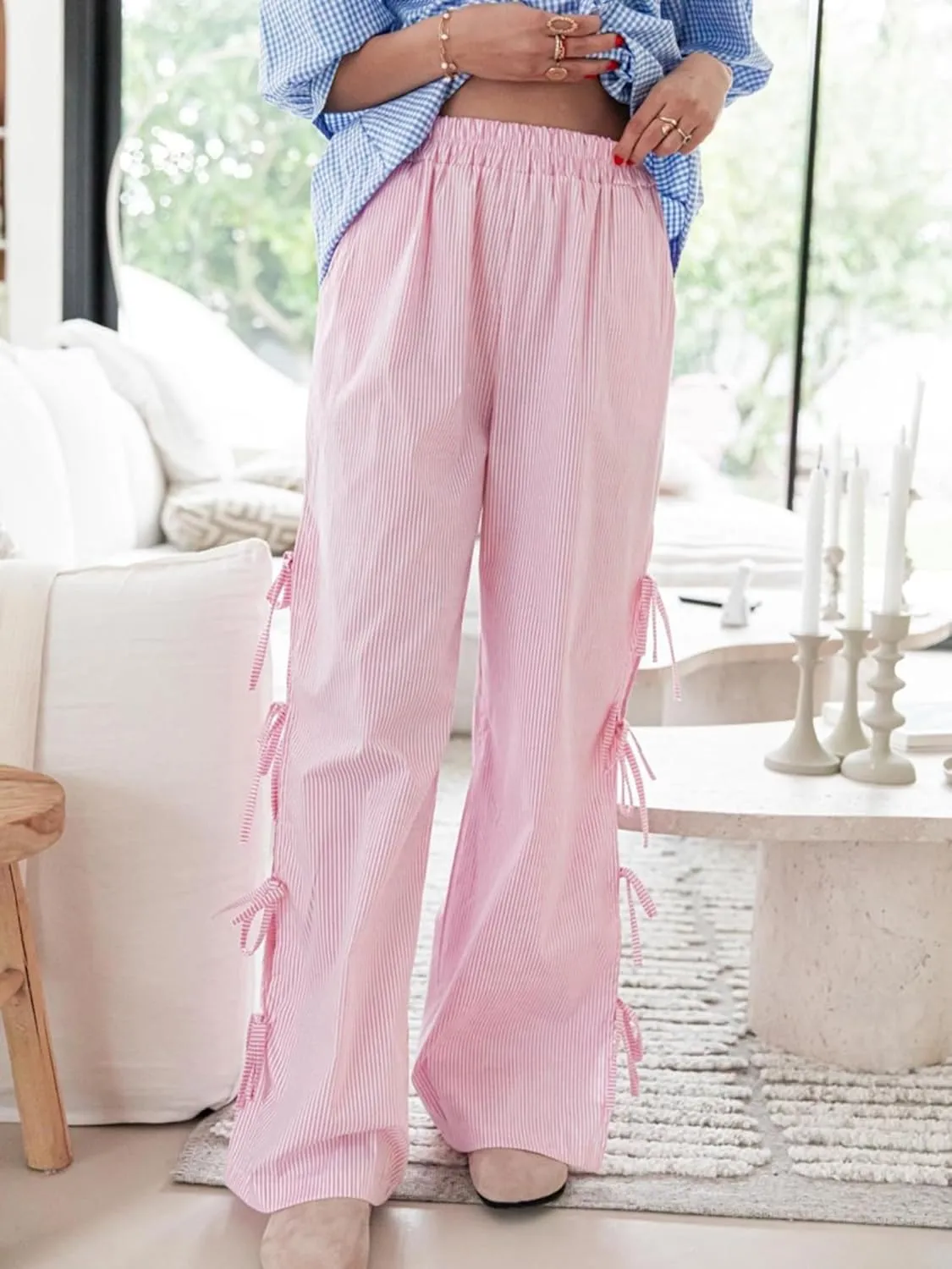 Women Bow Tie Side Split Wide Leg Y2k Plaid Pants High Waist Print Lounge Pants Trousers