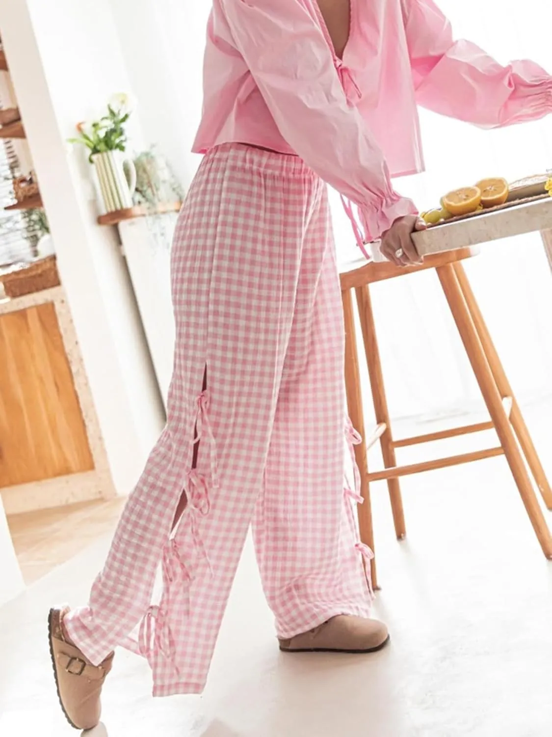 Women Bow Tie Side Split Wide Leg Y2k Plaid Pants High Waist Print Lounge Pants Trousers