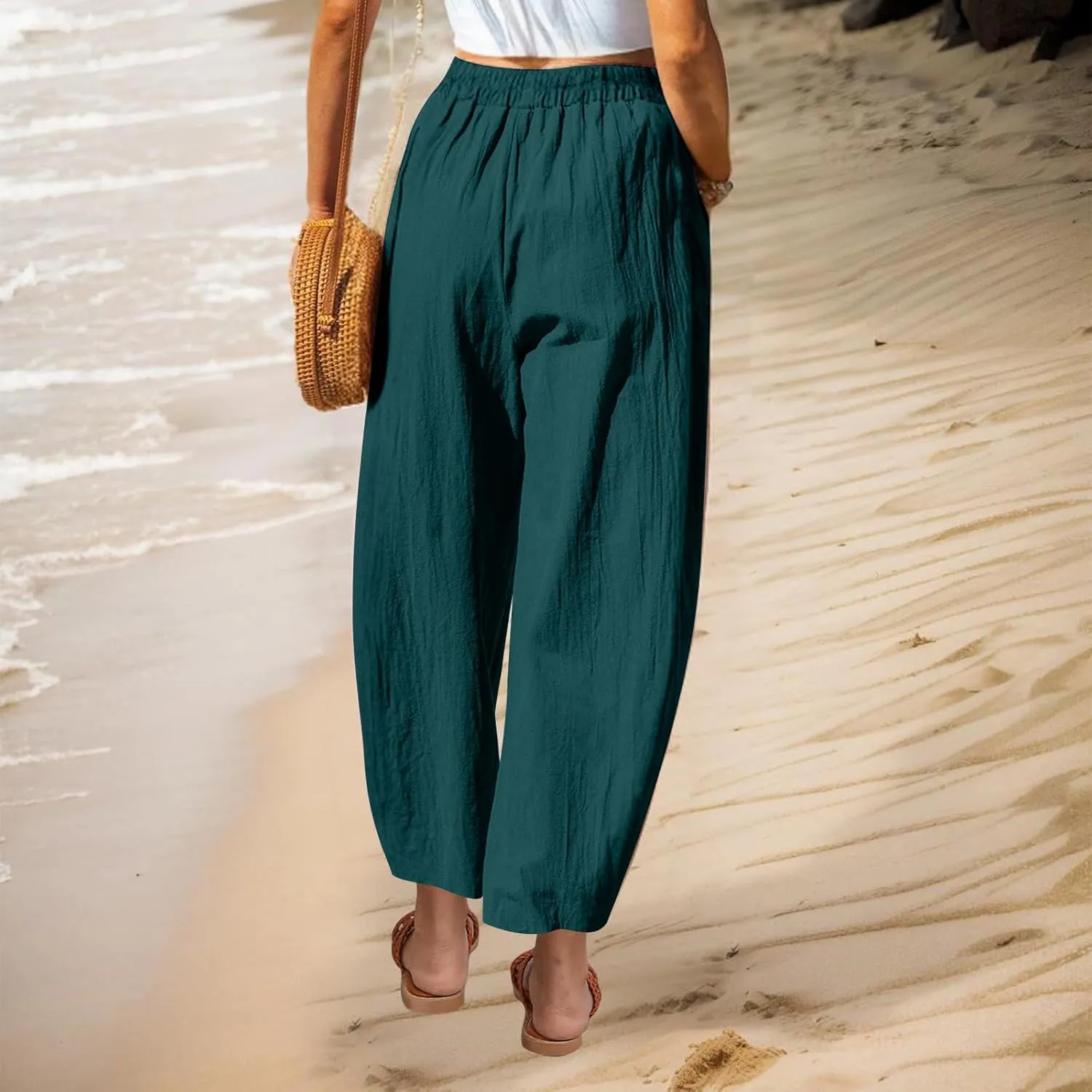 Women Cotton Linen Pants Patch Pocket Tapered Leg Elastic Waist Long Pant Casual Beach Trousers Solid Color Work Pant