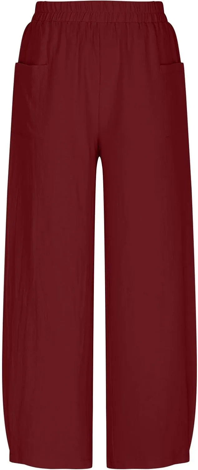 Women Cotton Linen Pants Patch Pocket Tapered Leg Elastic Waist Long Pant Casual Beach Trousers Solid Color Work Pant