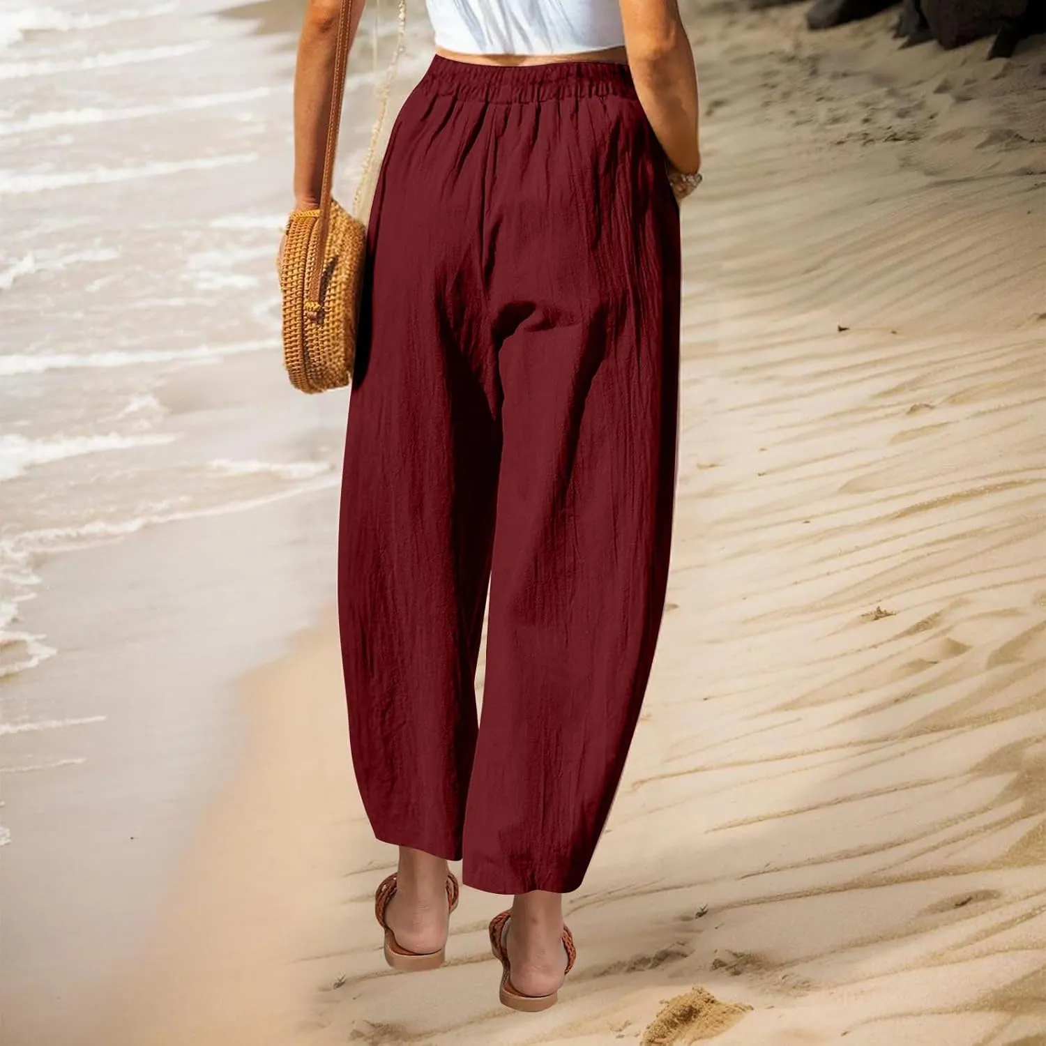 Women Cotton Linen Pants Patch Pocket Tapered Leg Elastic Waist Long Pant Casual Beach Trousers Solid Color Work Pant