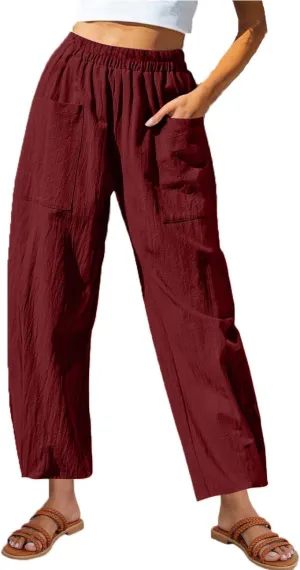 Women Cotton Linen Pants Patch Pocket Tapered Leg Elastic Waist Long Pant Casual Beach Trousers Solid Color Work Pant