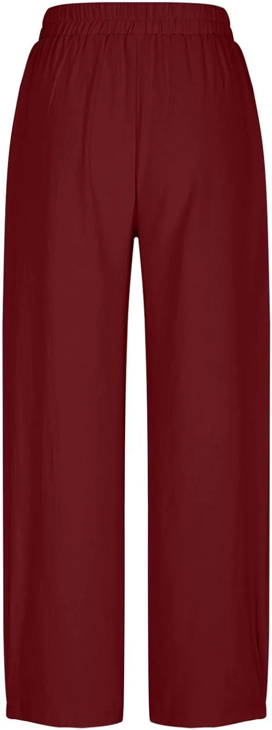 Women Cotton Linen Pants Patch Pocket Tapered Leg Elastic Waist Long Pant Casual Beach Trousers Solid Color Work Pant
