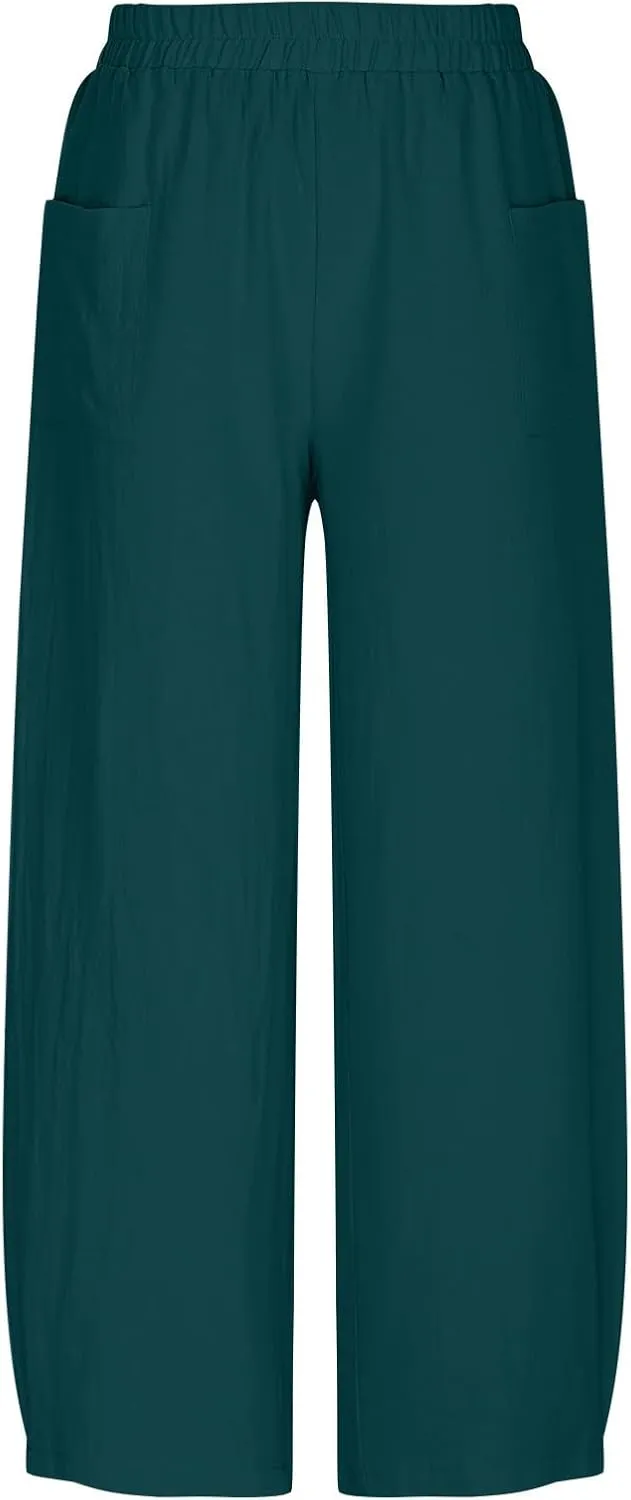 Women Cotton Linen Pants Patch Pocket Tapered Leg Elastic Waist Long Pant Casual Beach Trousers Solid Color Work Pant