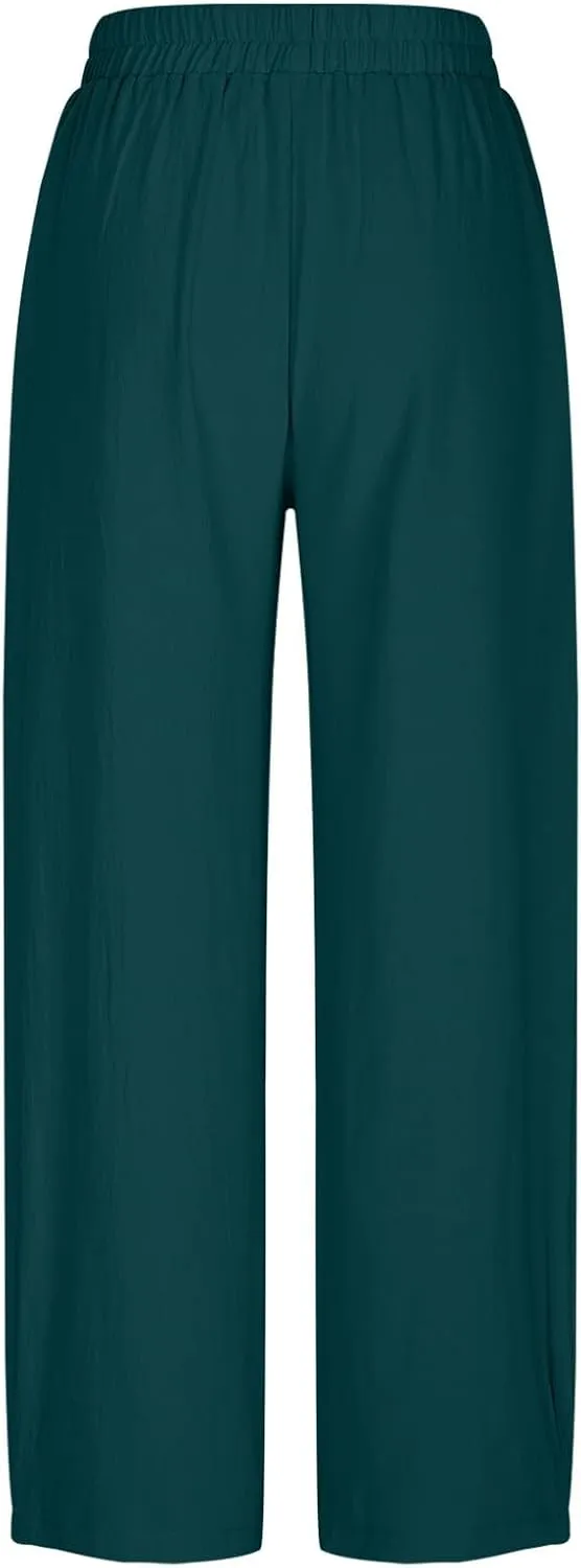 Women Cotton Linen Pants Patch Pocket Tapered Leg Elastic Waist Long Pant Casual Beach Trousers Solid Color Work Pant
