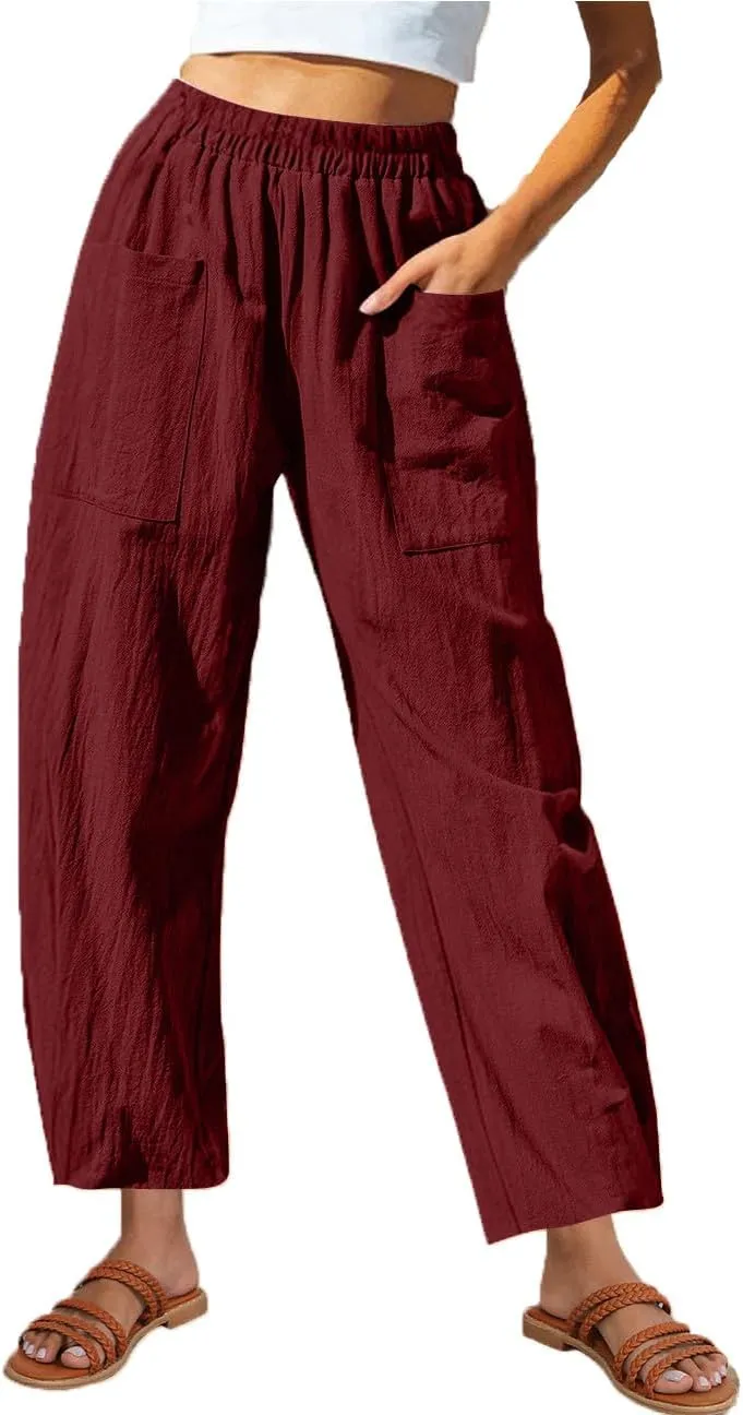 Women Cotton Linen Pants Patch Pocket Tapered Leg Elastic Waist Long Pant Casual Beach Trousers Solid Color Work Pant