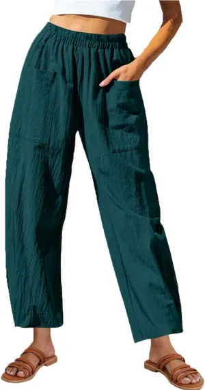 Women Cotton Linen Pants Patch Pocket Tapered Leg Elastic Waist Long Pant Casual Beach Trousers Solid Color Work Pant