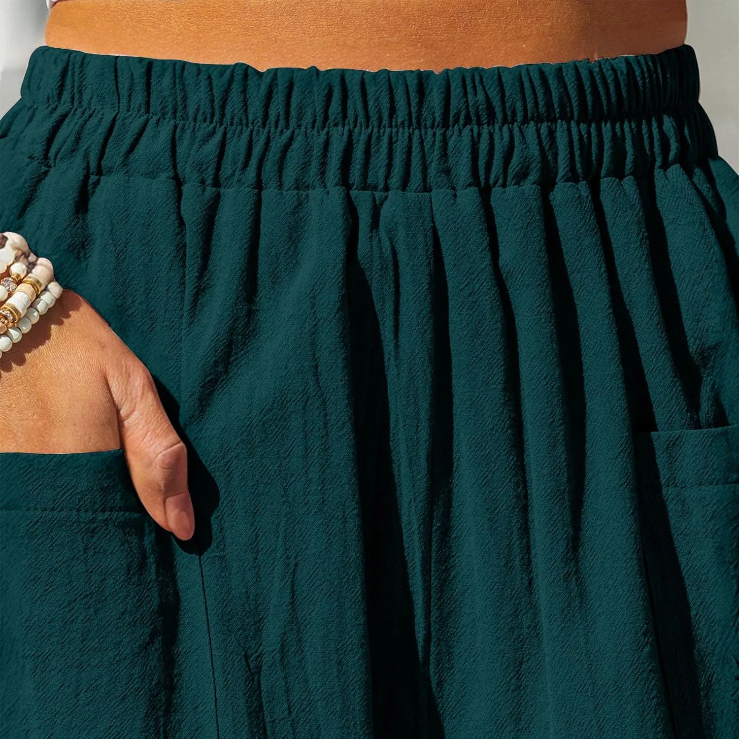 Women Cotton Linen Pants Patch Pocket Tapered Leg Elastic Waist Long Pant Casual Beach Trousers Solid Color Work Pant