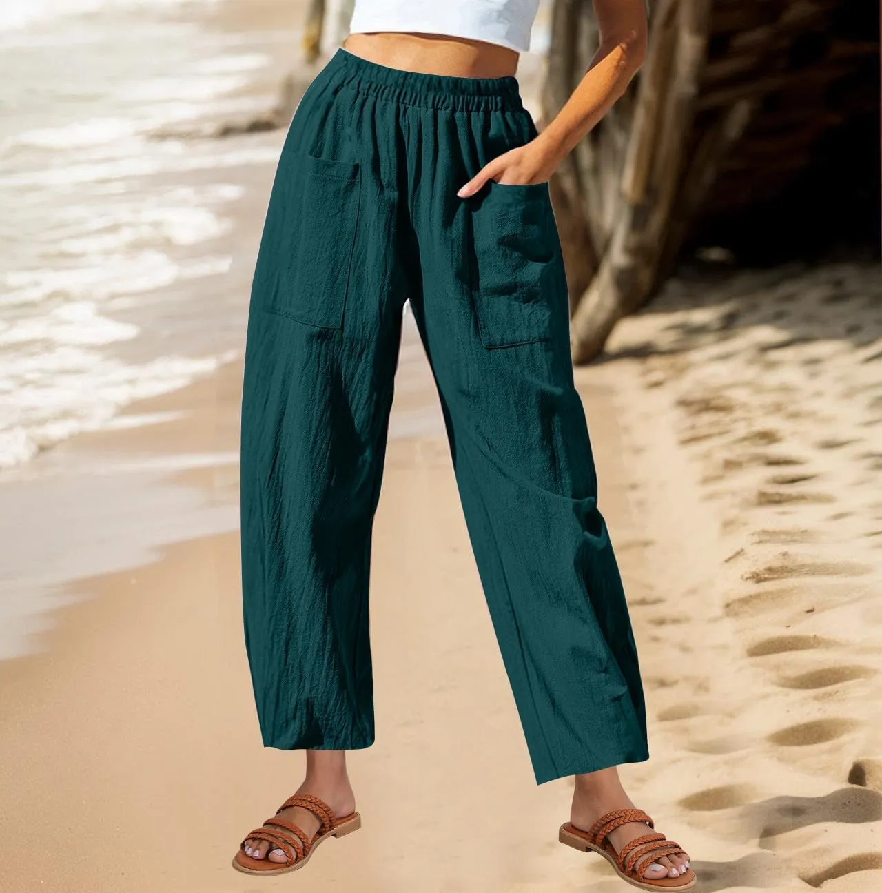Women Cotton Linen Pants Patch Pocket Tapered Leg Elastic Waist Long Pant Casual Beach Trousers Solid Color Work Pant