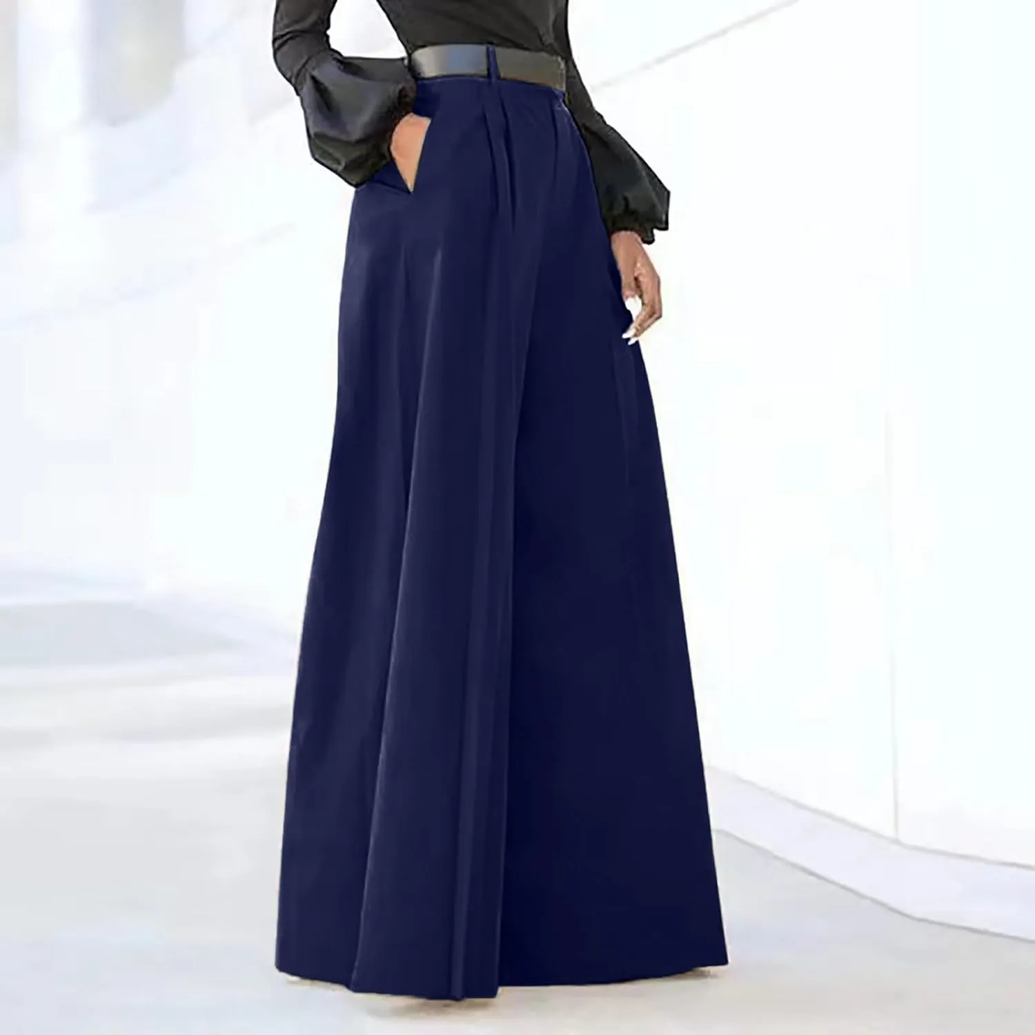 Women Cotton Linen Summer Drawstring Palazzo Lounge Pants Elastic Waisted Straight Slim Fit Trousers Trendy