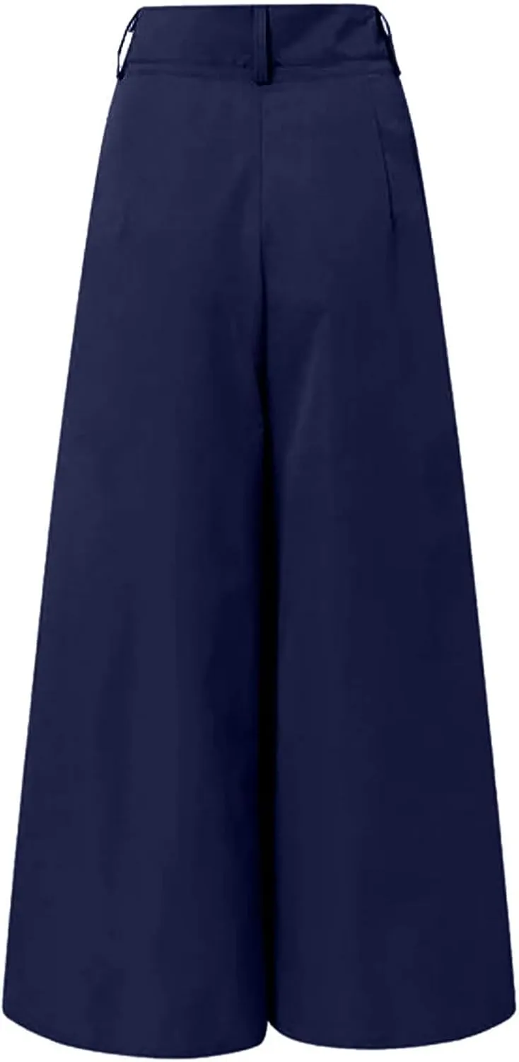 Women Cotton Linen Summer Drawstring Palazzo Lounge Pants Elastic Waisted Straight Slim Fit Trousers Trendy