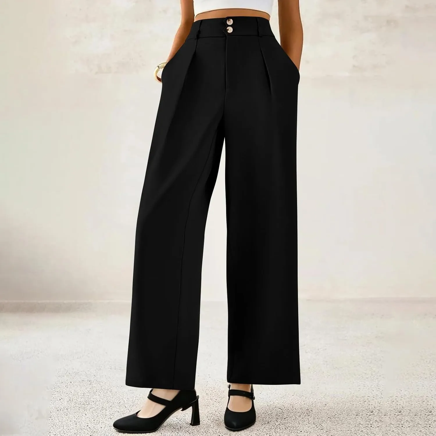 Women Elastic High Waist Palazzo Pants Casual Wide Leg Trousers Loose Work Office Business Suit Pant with Pockets