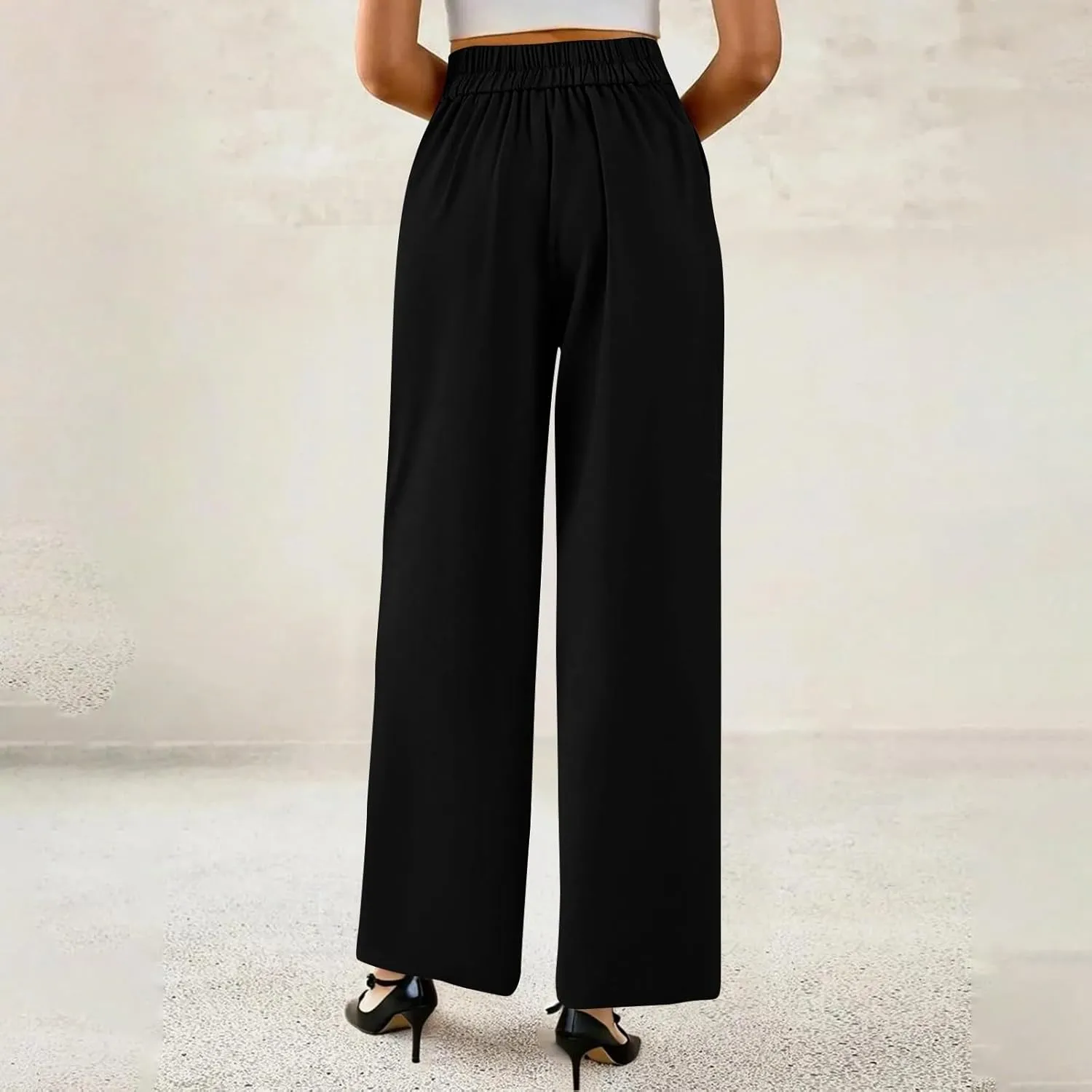 Women Elastic High Waist Palazzo Pants Casual Wide Leg Trousers Loose Work Office Business Suit Pant with Pockets
