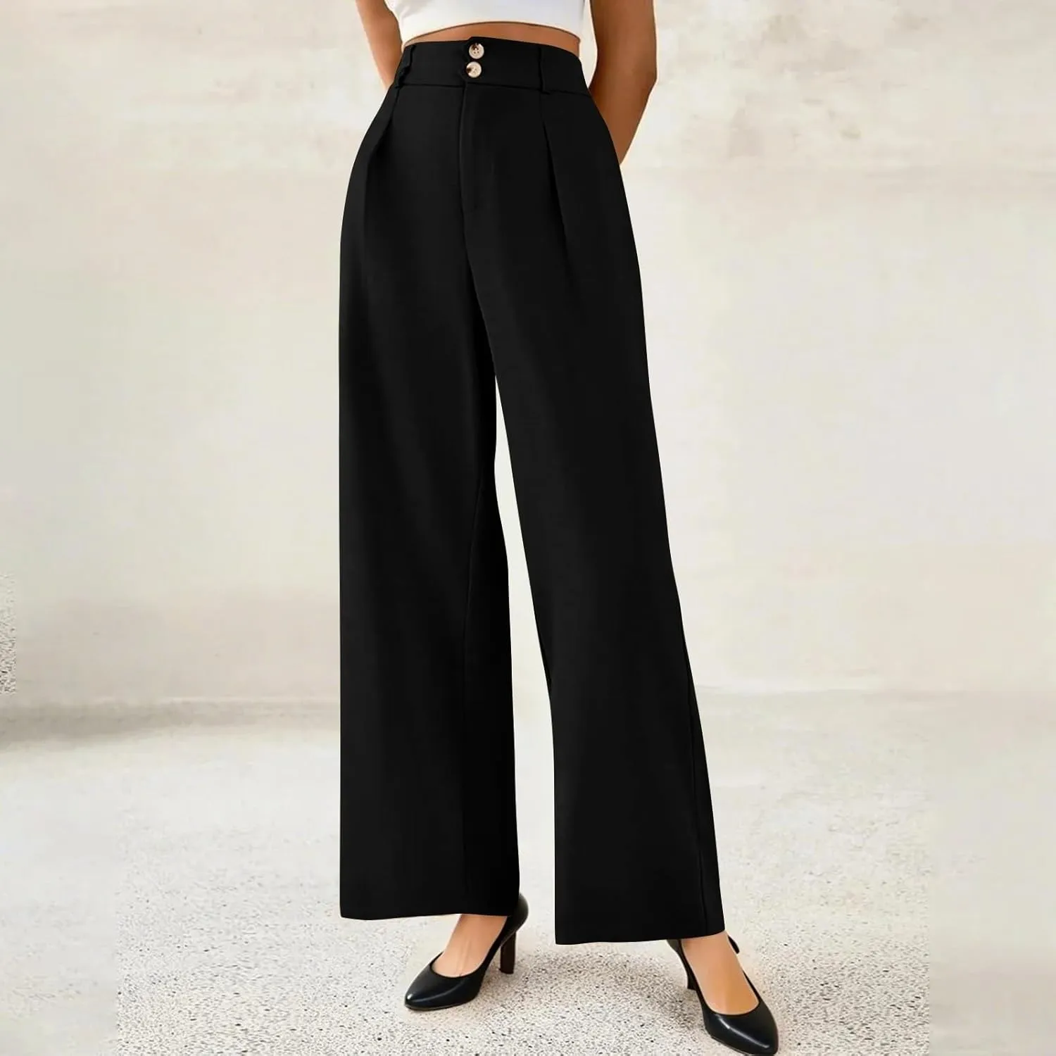 Women Elastic High Waist Palazzo Pants Casual Wide Leg Trousers Loose Work Office Business Suit Pant with Pockets