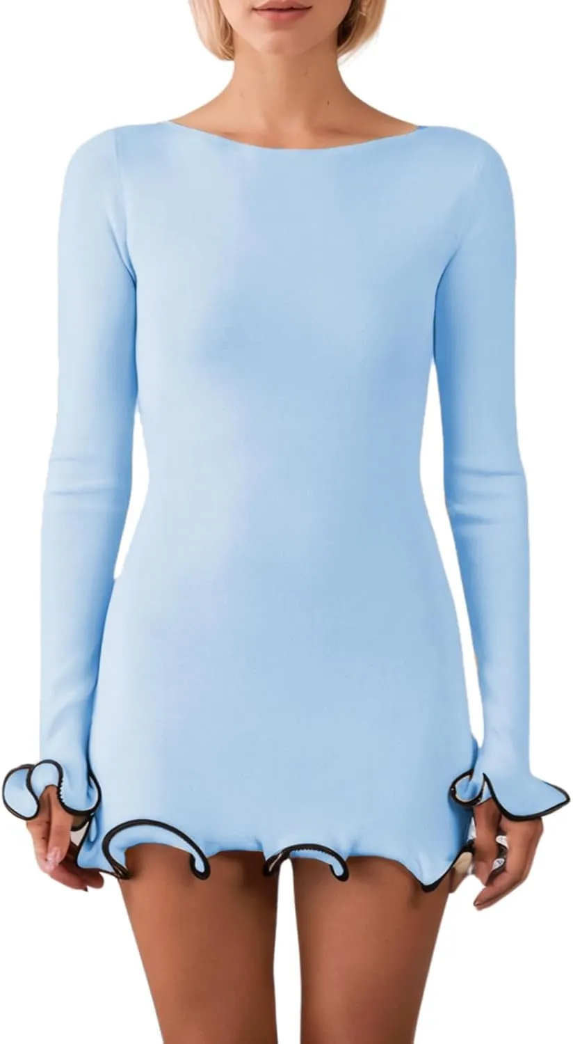 Women Elegant Ruffle Hem Knit Mini Dress Long Sleeve Contrast Color Patchwork Bodycon Short Sweater Dress Fall