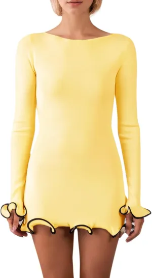 Women Elegant Ruffle Hem Knit Mini Dress Long Sleeve Contrast Color Patchwork Bodycon Short Sweater Dress Fall