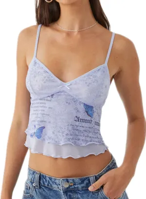 Women Floral Print Camisole Y2k V Neck Mesh Sheer Tank Top Coquette Spaghetti Strap Ruffle Layered Cami Tops