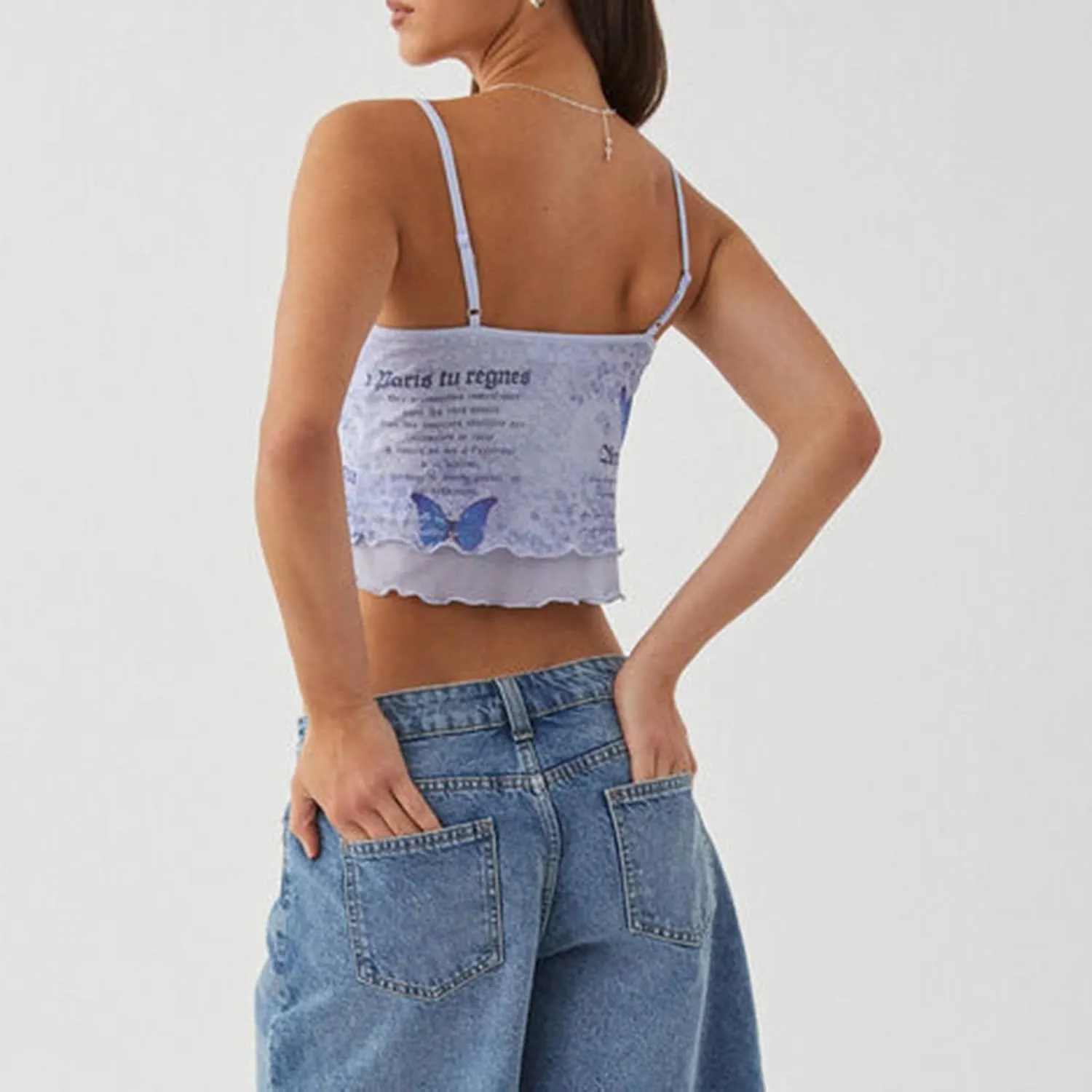 Women Floral Print Camisole Y2k V Neck Mesh Sheer Tank Top Coquette Spaghetti Strap Ruffle Layered Cami Tops