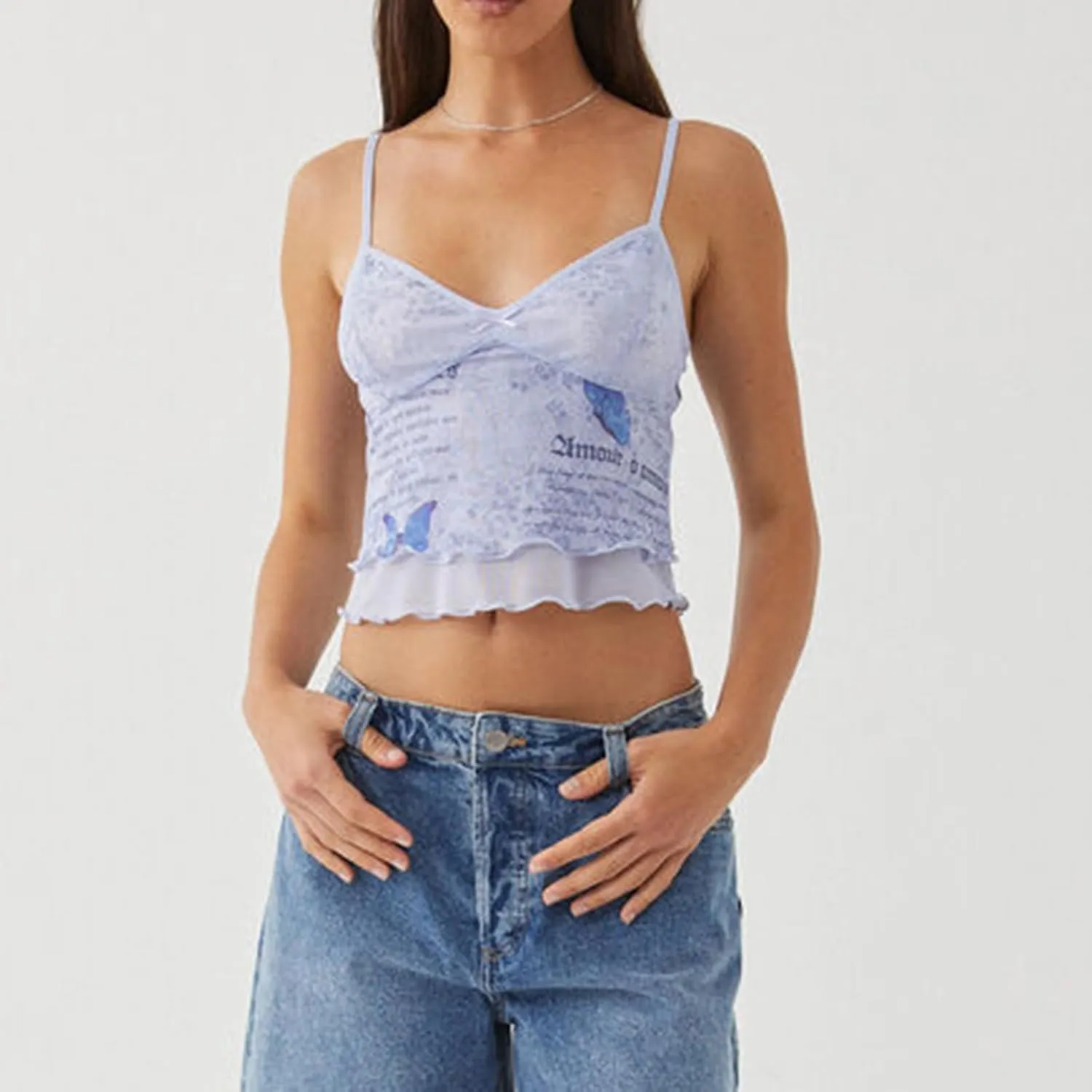 Women Floral Print Camisole Y2k V Neck Mesh Sheer Tank Top Coquette Spaghetti Strap Ruffle Layered Cami Tops