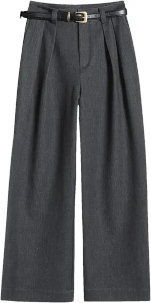 Women High Waist Straight Suit Pants Solid Color Button Belt Casual Slim Wide Leg Trousers