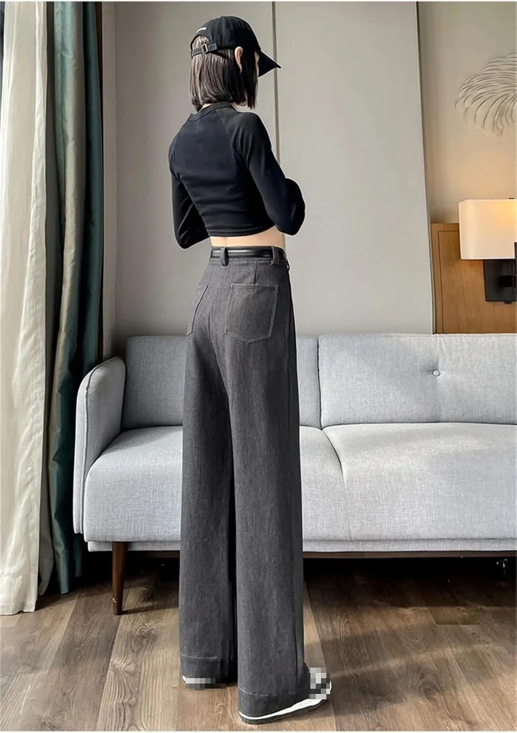 Women High Waist Straight Suit Pants Solid Color Button Belt Casual Slim Wide Leg Trousers