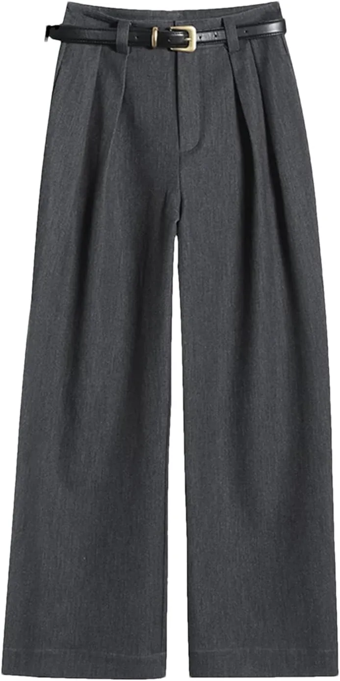 Women High Waist Straight Suit Pants Solid Color Button Belt Casual Slim Wide Leg Trousers