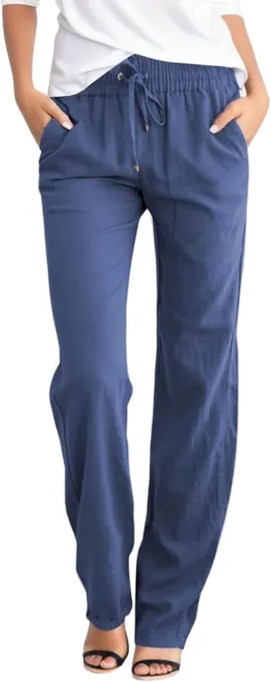 Women Linen Blend Summer Boho Palazzo Lounge Pants Elastic Waist Lounge Pants Slim-Fit Pants Work Business