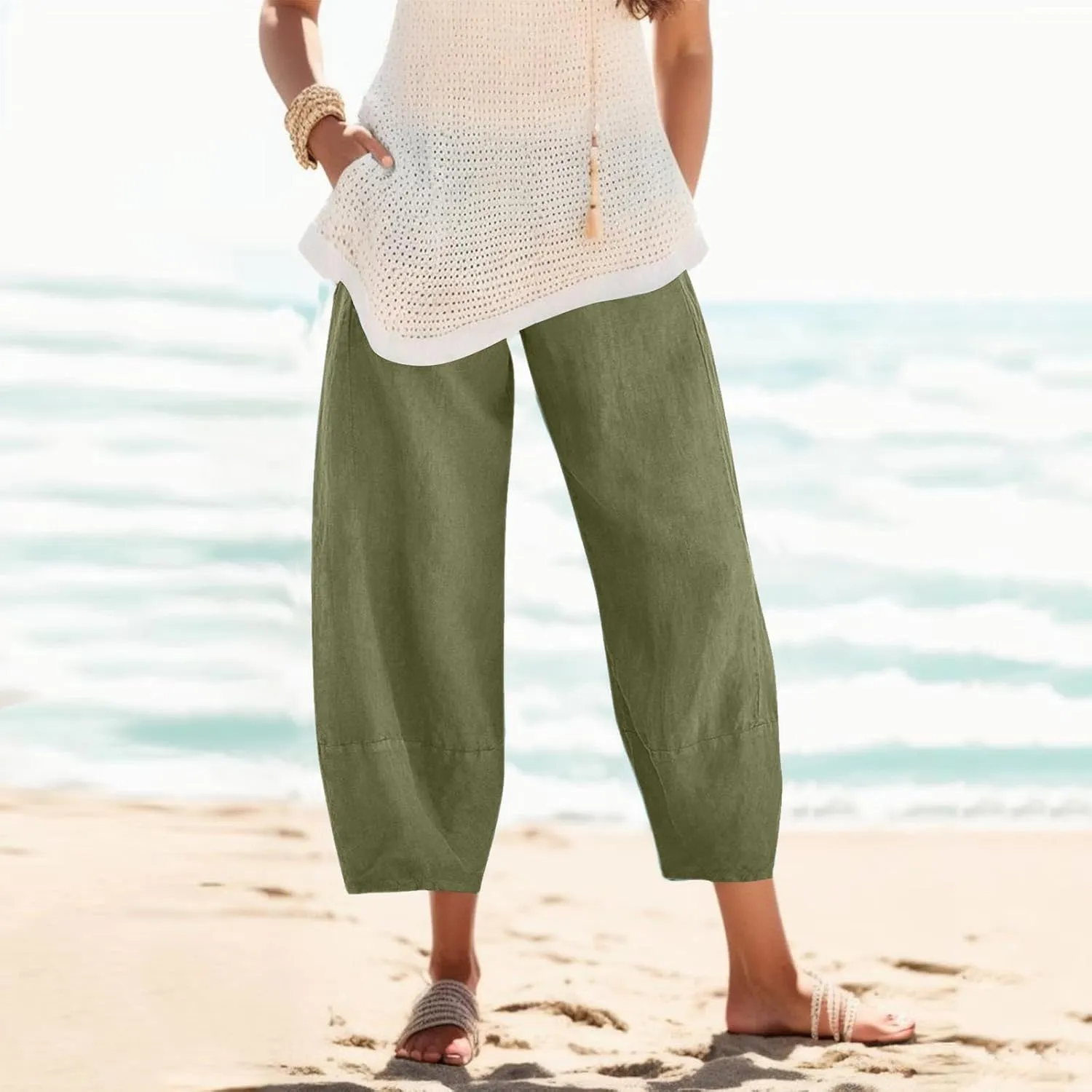 Women Linen Blend Summer Casual Palazzo Lounge Pants Elastic Waist Stretchy Slim Fit Palazzo Lounge Pants