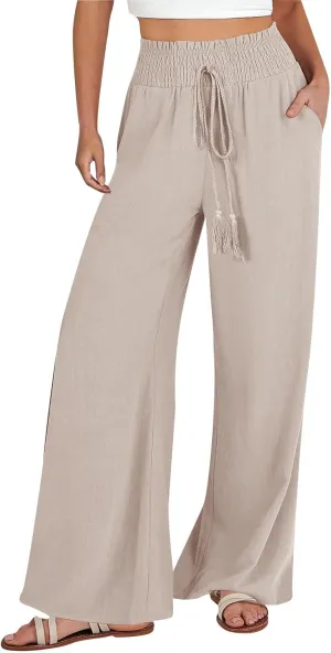 Women Linen Blend Summer Comfy Pant Trousers Elastic Waisted Wide Leg Slim Fit Palazzo Pants Vacation