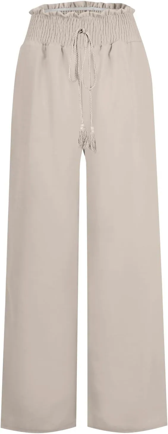 Women Linen Blend Summer Comfy Pant Trousers Elastic Waisted Wide Leg Slim Fit Palazzo Pants Vacation