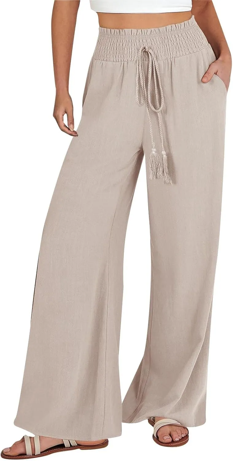 Women Linen Blend Summer Comfy Pant Trousers Elastic Waisted Wide Leg Slim Fit Palazzo Pants Vacation