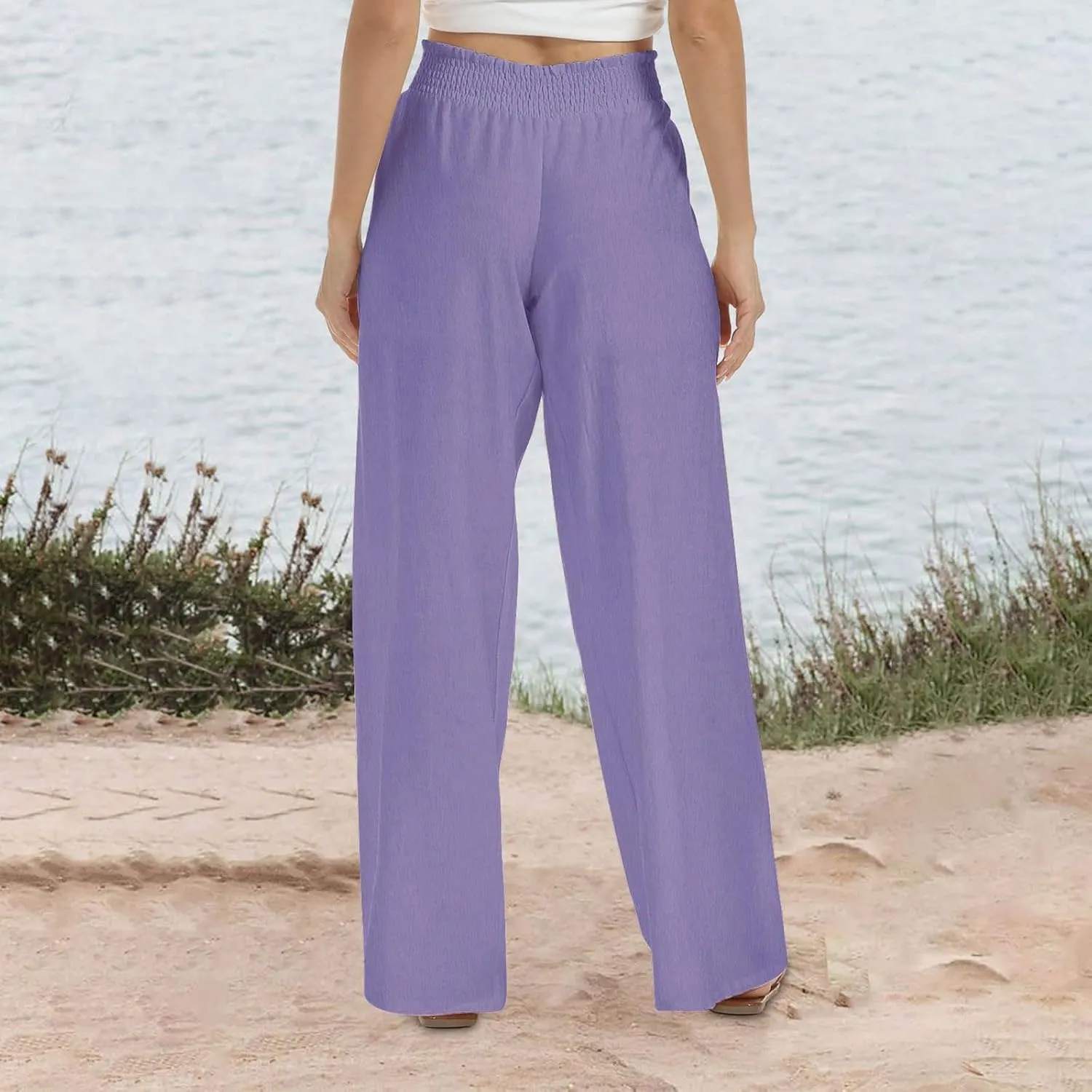 Women Linen Palazzo Pants Wide Leg High Waisted Long Lounge Pant 2025 Summer Beach Vacation Outfits Pockets Trousers