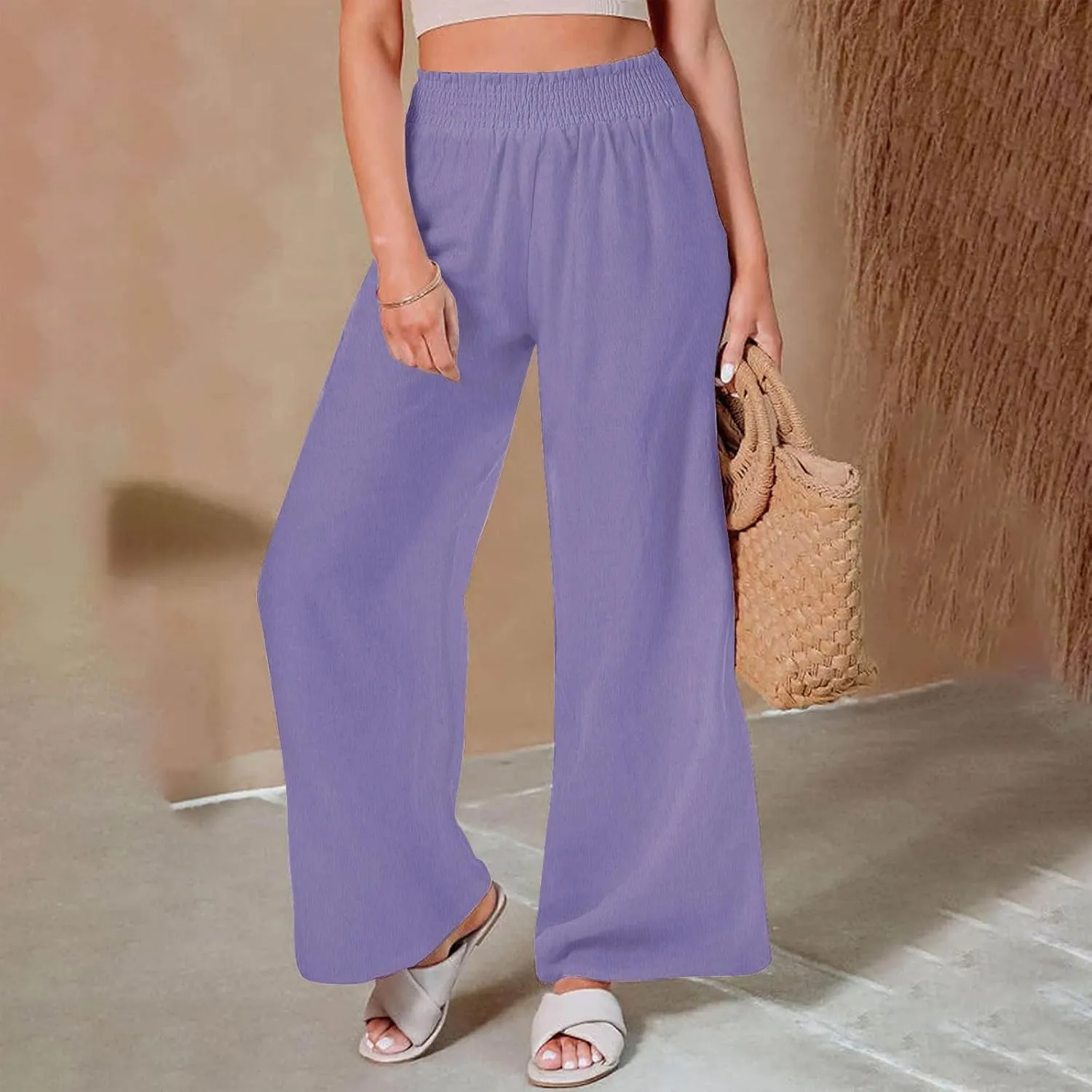 Women Linen Palazzo Pants Wide Leg High Waisted Long Lounge Pant 2025 Summer Beach Vacation Outfits Pockets Trousers
