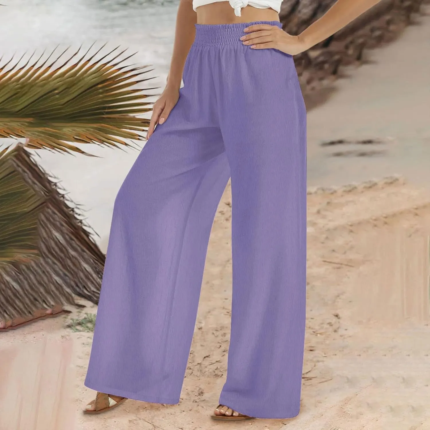 Women Linen Palazzo Pants Wide Leg High Waisted Long Lounge Pant 2025 Summer Beach Vacation Outfits Pockets Trousers