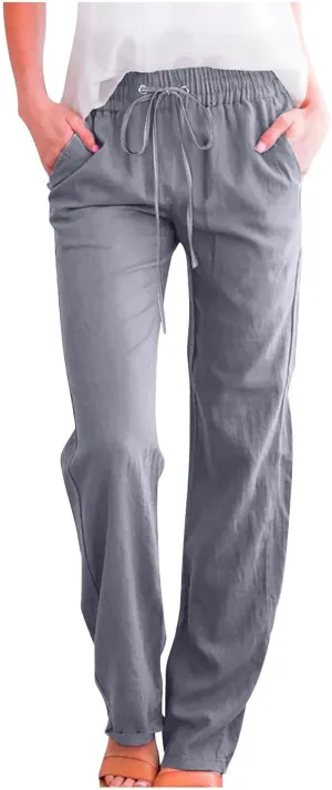 Women Linen Pant Straight Leg Drawstrings High Waist Trousers 2025 Summer Casual Lightweight Breathable Joggers Pants