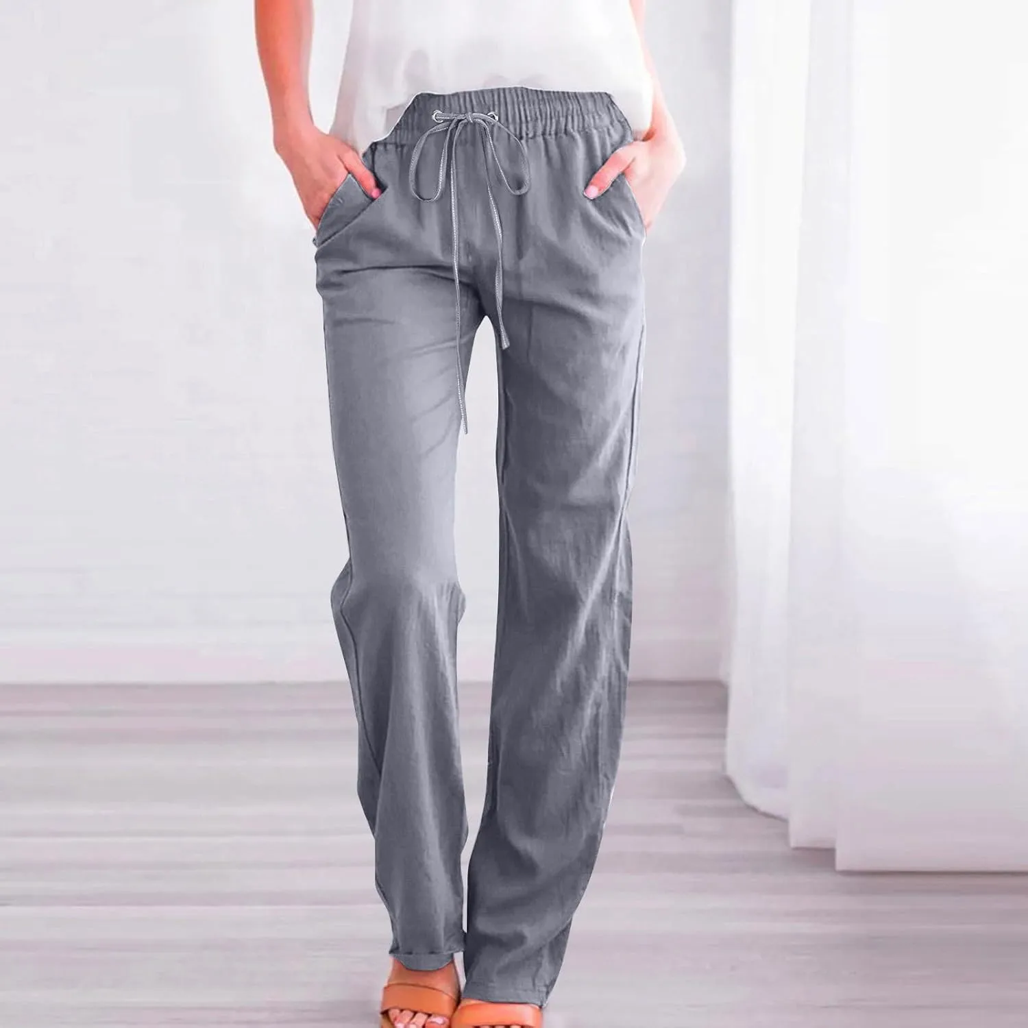 Women Linen Pant Straight Leg Drawstrings High Waist Trousers 2025 Summer Casual Lightweight Breathable Joggers Pants