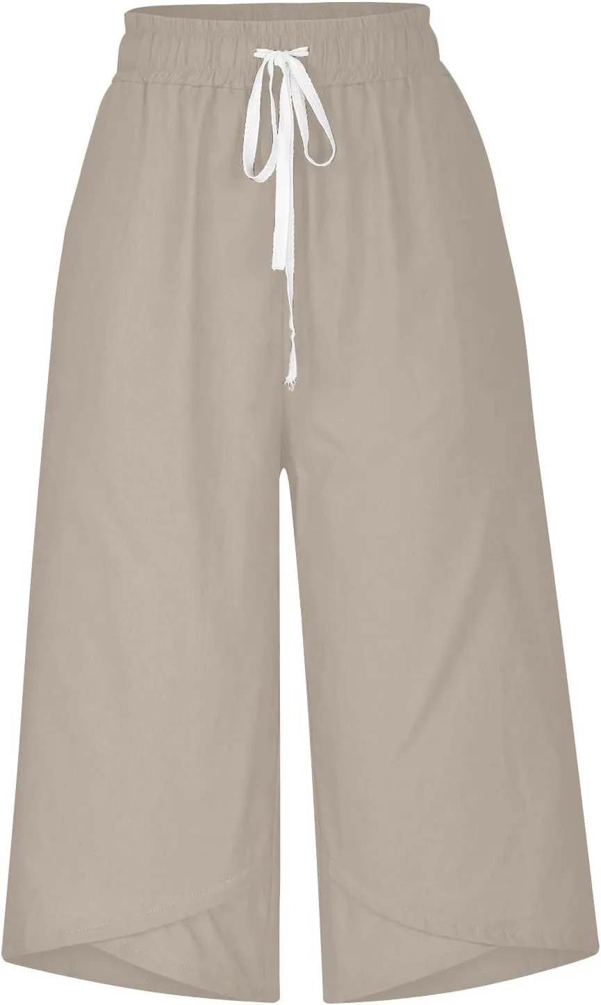 Women Linen Pants 2025 Casual Loose High Waist Trousers Drawstring Wide Leg Cropped Palazzo Beach Pants Summer Outfit
