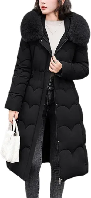 Women Plush Hooded Wave Thick Parka Coat Classic Button Pockets Long Cotton-Padded Jacket