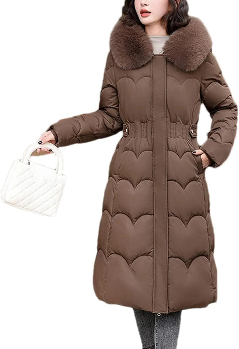 Women Plush Hooded Wave Thick Parka Coat Classic Button Pockets Long Cotton-Padded Jacket