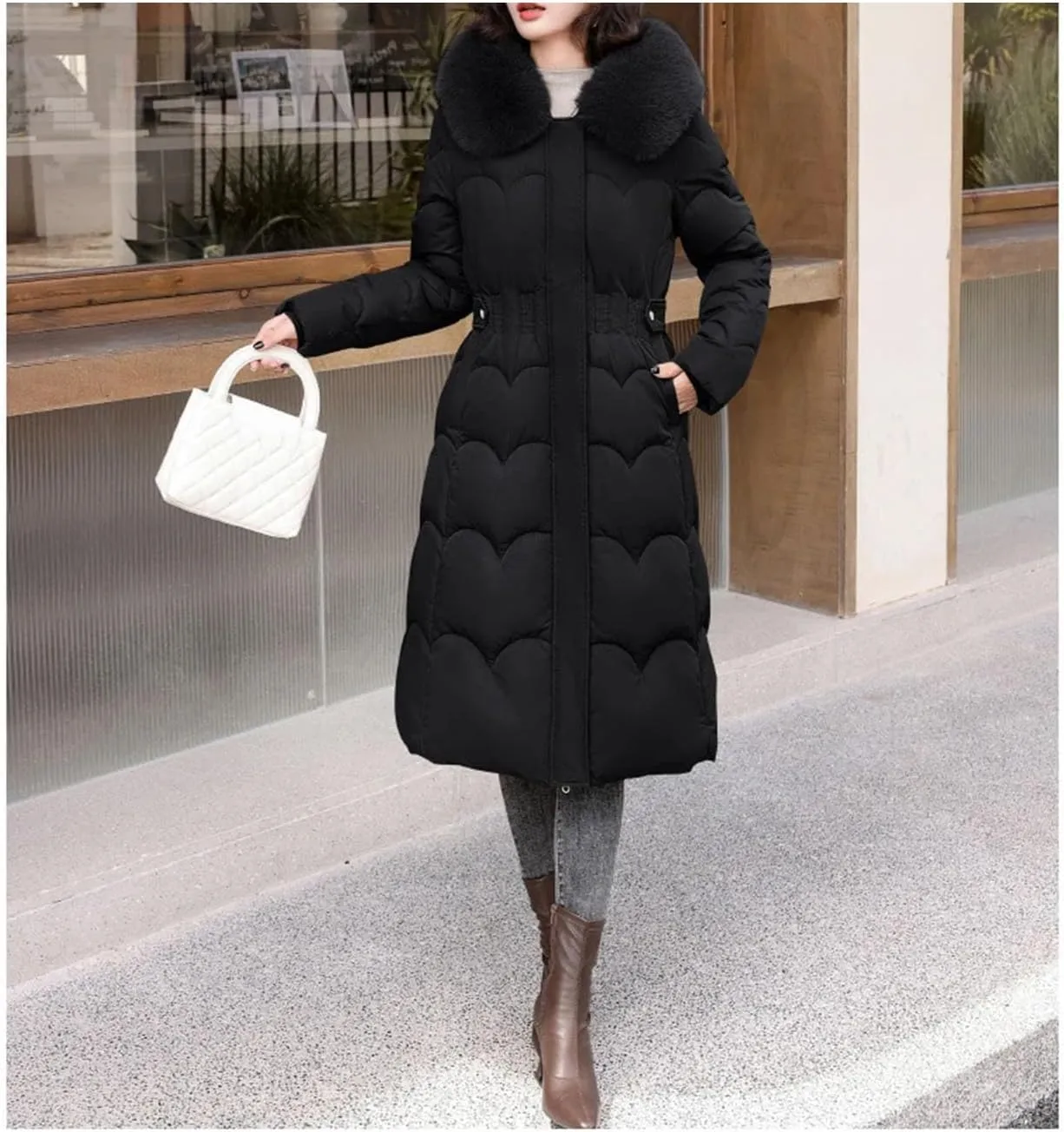 Women Plush Hooded Wave Thick Parka Coat Classic Button Pockets Long Cotton-Padded Jacket